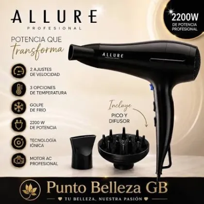 ALLURE Secador de pelo profesional 2.200w,boquilla y difusor,tecnologia iones,2velocidades,3temp.